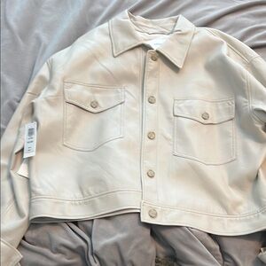Aritzia Cream Leather Jacket with Collar and Buttoned Cuffs